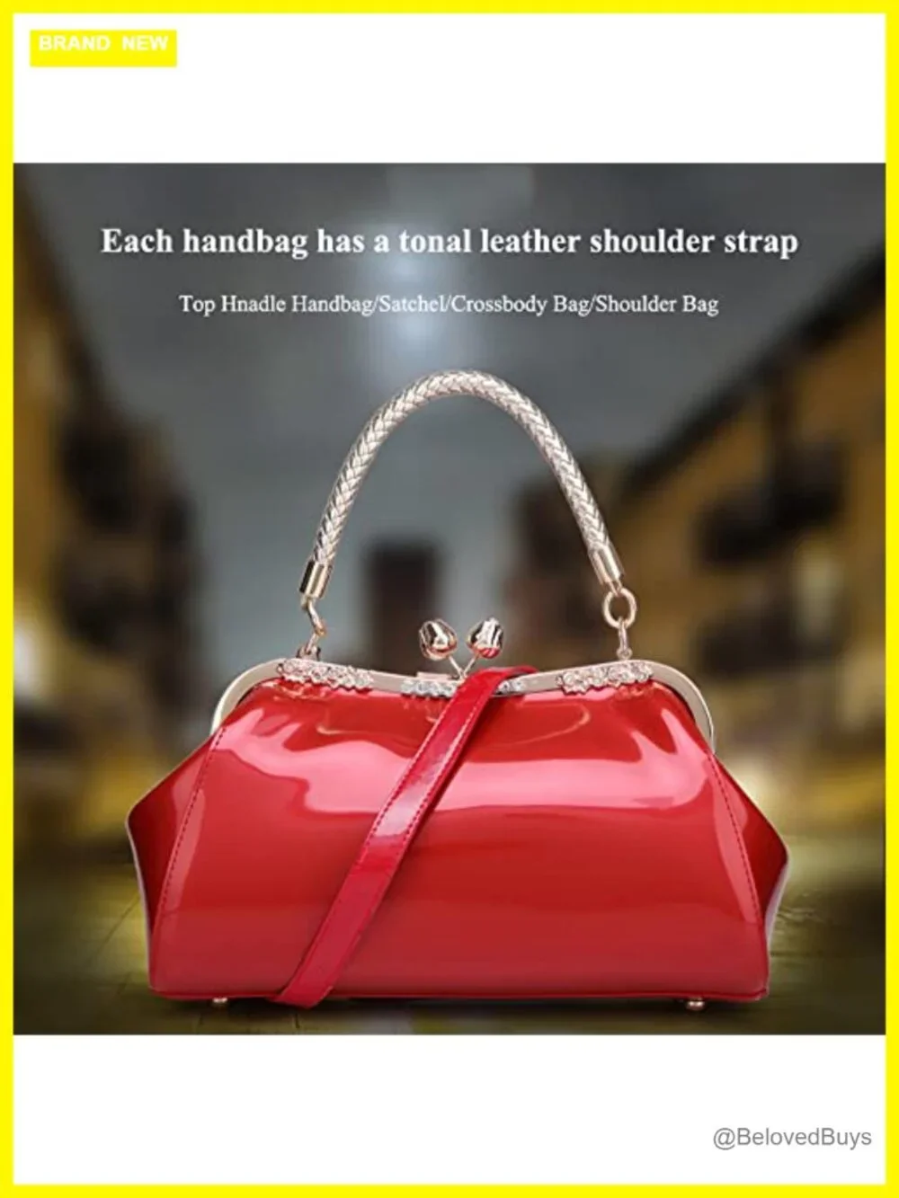 Glossy Faux Patent Leather Kiss Lock Top Handle Satchel Crossbody Bag